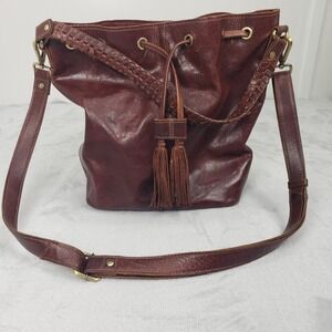 Sorpresa‎ Leather Bucket Bag Drawstring Tassel Shoulder Bag Tote Brown Fringe